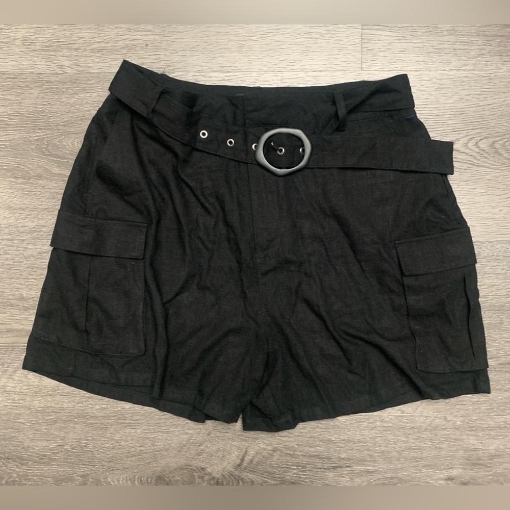 7 For all Mankind Belted Shorts High Rise Black Viscose Linen Blend Size Large